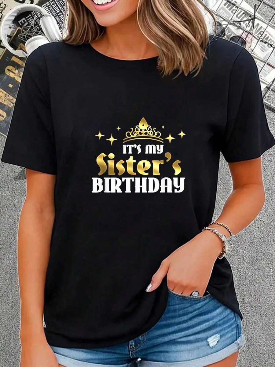 Casual Summer T-Shirt With Sister Print For Party, Birthday Gift, Round Neck, Short Sleeve, 100%, 220G Thick - 黑色 - 查看 1