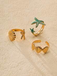 Nocturel Set de anillos con forma de estrella de mar y conchas de mar de estilo marino en azul - Vida marina - Ver 1