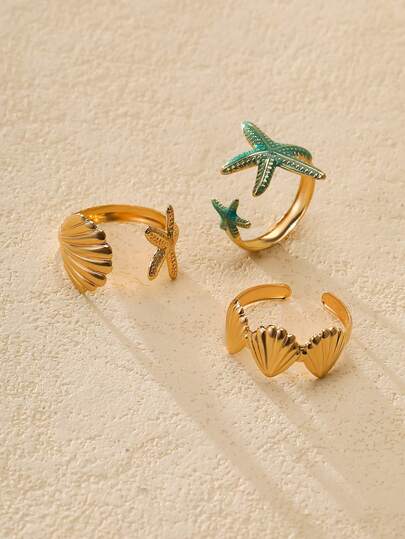 Nocturel Ocean Themed Blue Starfish & Shell Open Ring Set