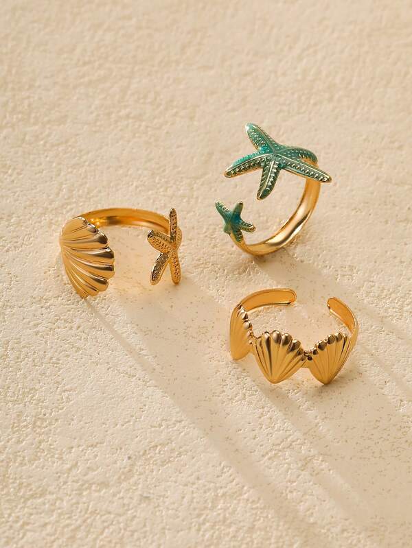 Nocturel Ocean Themed Blue Starfish & Shell Open Ring Set