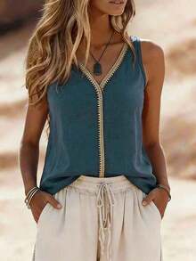 Zayélia Top de mujer de cuello en V, casual, cómodo, de vacaciones, de campo, relajado, de textura suave - Verde Oscuro - Ver 6