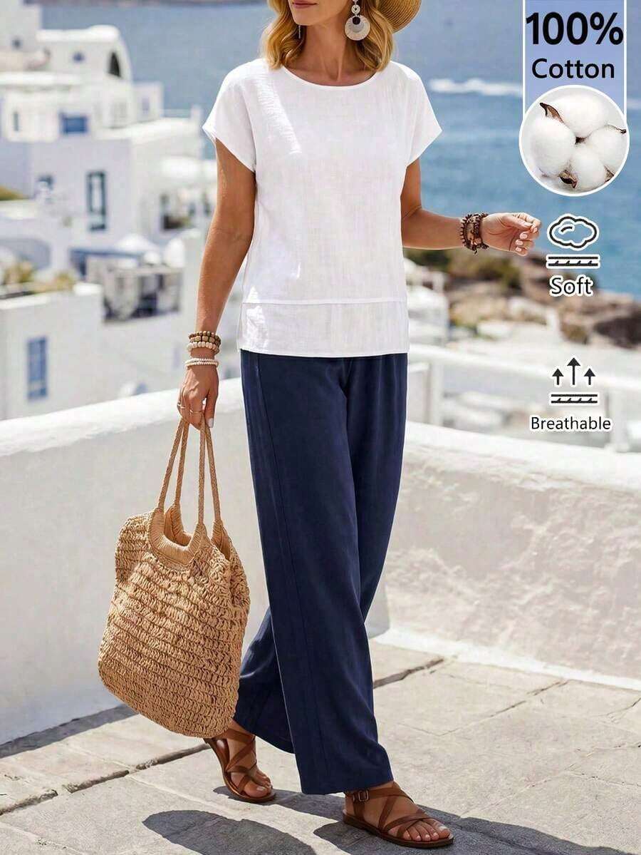 Conjunto de 2 piezas de top y pantalones de unicolor casual de vacaciones para mujer - Multicolor 3 - Ver 1