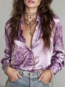Blusa de satén con estampado de rosa naranja-turquesa clásico para mujer, diseño con cuello, elegante para el uso diario, salidas y talla grande - Lila Púrpura - Ver 11