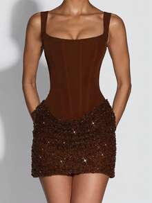 New Luxury Women's Spaghetti Strap Bodycon Sleeveless Mini Dress, Fashion Exquisite Patchwork Herringbone Design, Fitted Bustier Cocktail Party Formal Evening Short Gown - Coffee Brown - View 8