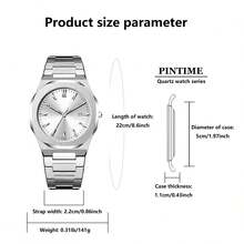 PINTIME 1PC Men's Silver Minimalist Octagonal Watch, Sunburst Dial With Date Function Stainless Steel Strap Business-Casual Style Water-Resistant Quartz Watch - Silver - View 2
