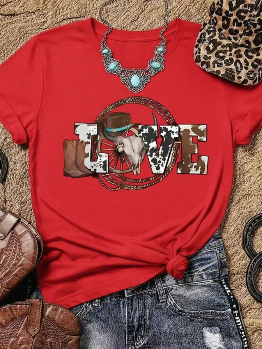 Women's Casual Denim-Style T-Shirt With LOVE Letter Print And Western Elements, Soft Fabric, Loose Fit, Round Neck, Short Sleeves For Spring/Summer Outdoor Parties. Unisex (Retro Style, Fresh And Fresh, Regardless Of Gender) - 紅色的 - 查看 1