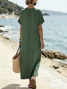 Holidaya Vestido de mujer de manga corta de longitud media con cuello de corbata, bolsillo suelto y textura de tela de color albaricoque para uso diario, viajes y vacaciones. Vestido largo de mujer estilo resort, vestido casual de verano Zanzea para mujer. Vestidos casuales largos para mujer en color azul claro, azul bebé y turquesa. - Verde - Ver 2