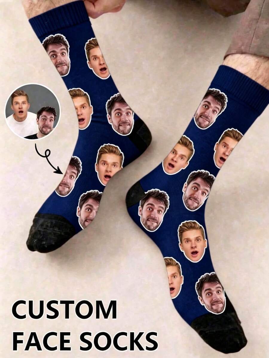1 Pair Customized Photo Socks/Face Socks, Upload Photo To Create Multi-Person Portrait Print Mid-Calf Socks, Fun Creative Gift Socks, Suitable As Unique Gifts For Family And Friends - Blue - View 1