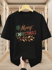 Men's Short-Sleeved T-Shirt, Size [Size Missing], % Cotton, Christmas-Themed Short-Sleeved T-Shirt, Snowflake And Branch Print, Comfortable And Casual Short-Sleeved T-Shirt For Summer - 黑色 - 查看 6