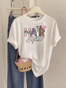 New 2026 Women's Short Sleeve T-Shirt With Barber Print, Modern And Unique Design, Summer Gift, Ideal For Parties And Everyday Wear. Elegant Party Outfit/T-Shirt For Elegant Ladies/Blouses Suitable For Curvy Women/Prom Skirts/Casual Wear - 白色 - 查看 7