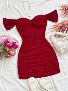 Off-The-Shoulder Fitted Knit Mesh Holiday Dress - Red - View 1
