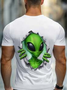 Herren-Grafik-T-Shirt - Weißes T-Shirt mit kräftigem grünem Alien-Gesicht - Leichter, atmungsaktiver Stoff für lässige und formelle Outfits - Alltagstaugliches Sommer-Shirt - Maschinenwaschbares Oberteil in normaler Passform, verspielte Mode, auffälliger Druck, strapazierfähige Verarbeitung, bedrucktes T-Shirt,  Kleidung - Weiss - Übersicht 3