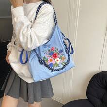 1pc Floral Embroidery Nylon Fabric Large Capacity Open-Top Tote Bag, Adjustable Drawstring Shoulder Strap, Casual Commute & School Bag, Detachable Strap - Multicolor - View 7