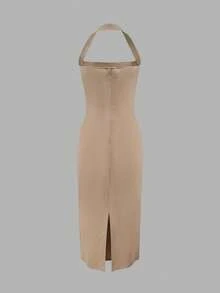 Elegant Women's Mid-Length Dress, Suitable For Vacation, Daily Gatherings, Parties And Cocktail Events Summer - Khaki - View 7