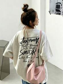 Japanese Style Women's Loose Round Neck Minimalist Casual Letter Print Short Sleeve T-Shirt, Spring/Summer - Light Gray - View 4