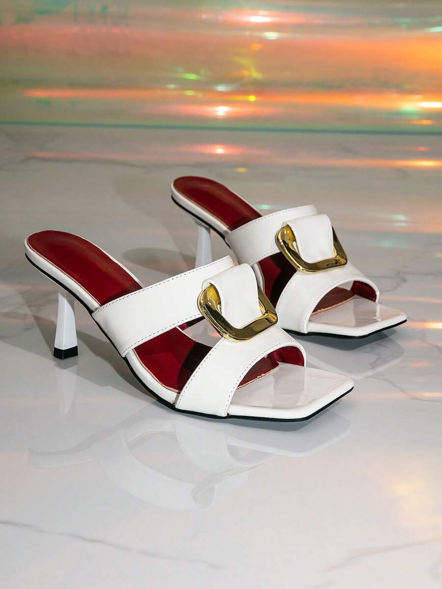 European And American Style Metal Buckle High Heel Sandals, White Square Toe Open Toe Slippers, Vacation Casual Versatile Women Shoes - White - View 1