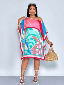 Vestido de mujer de talla para primavera y verano, elegante y para vacaciones casuales, vestido de longitud media con hombros inclinados, hombros asimétricos, pañuelo cuadrado off shoulder, vestido con patrón de rayas en bloque de color negro y blanco, impresión de posicionamiento, impresión tejida, adecuado para uso diario, compras, citas, ropa de amigas, ropa de invitados de boda, ropa de vacaciones, digno y adinerado, vacaciones de lujo tranquilo - Rosa 3 - Ver 12