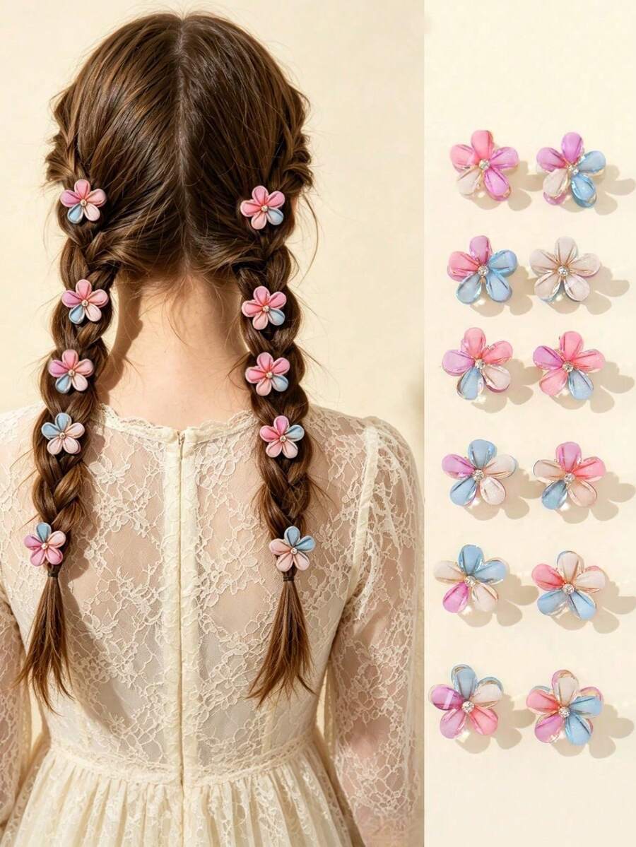10pcs Girls' Minimalist Fresh Floral Crystal Hair Clips - Pink - View 1