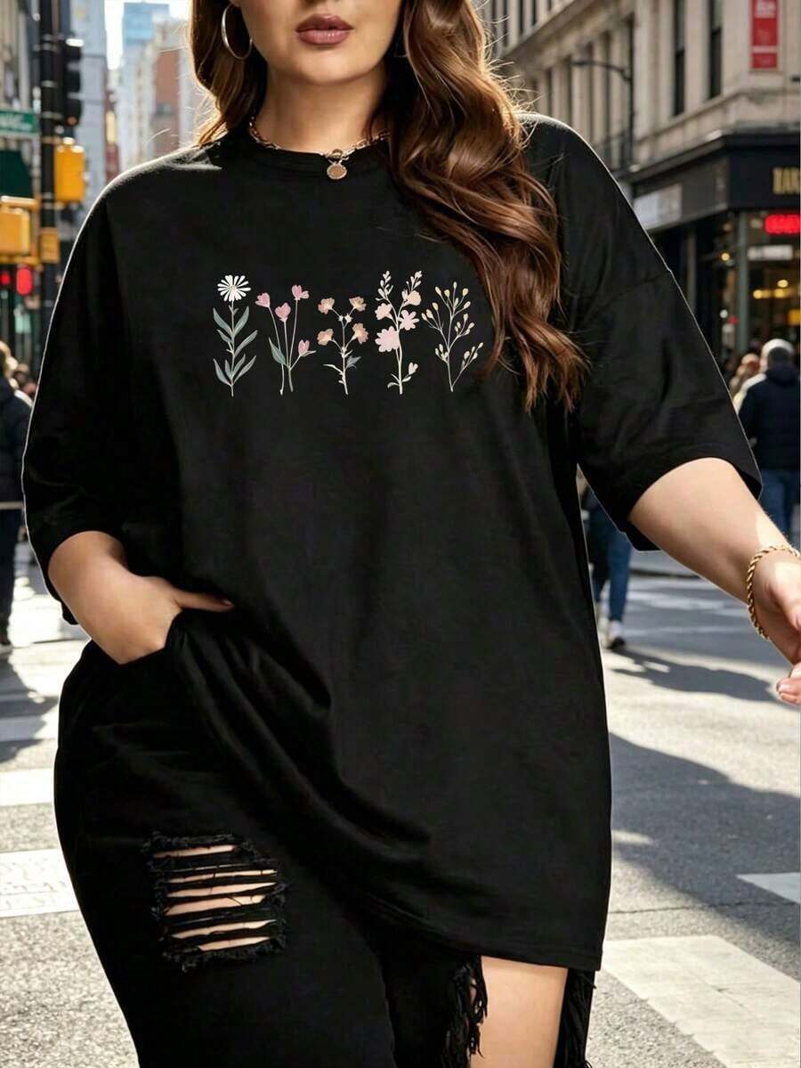 Women's Plus Size Oversized Botanical Floral T-Shirt - Minimalist Casual Summer Clothing - Vintage Street Style Unisex Cotton Short Sleeve Crew Neck T-Shirt - 黑色 - 查看 1