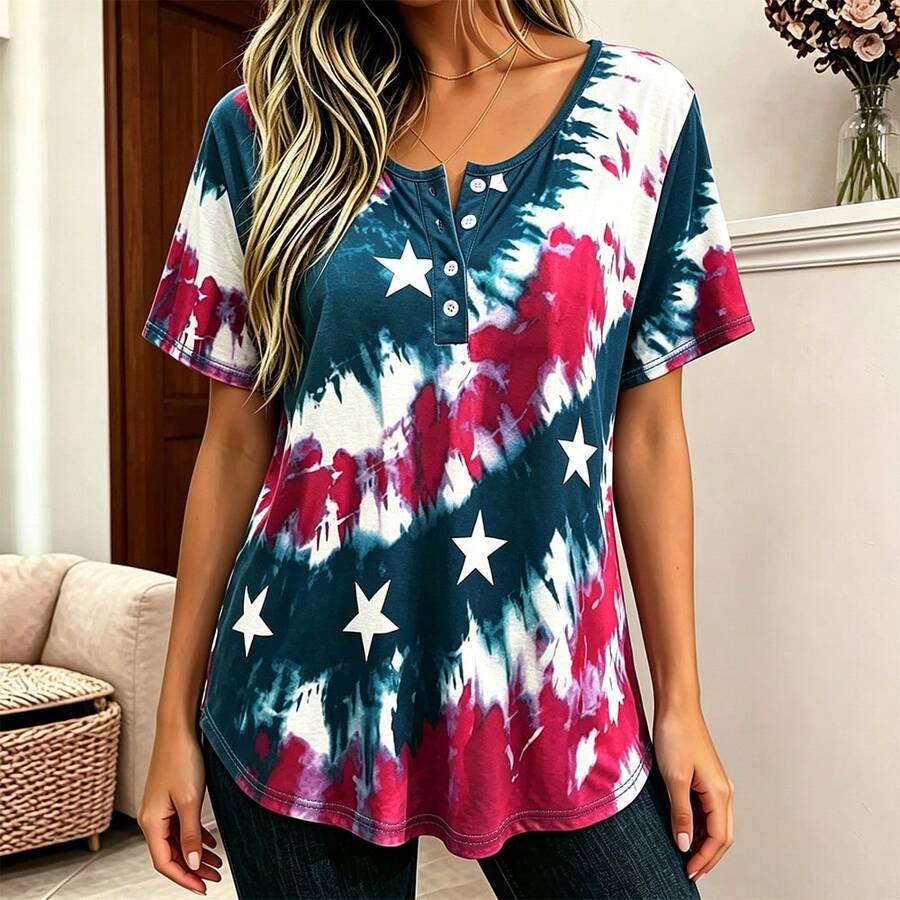 Plus Size T-shirt med amerikansk flagga och tie-dye-tryck för Independence Day, rund hals, korta ärmar, knappar fram, casual vardagsplagg för vår, sommar och semester