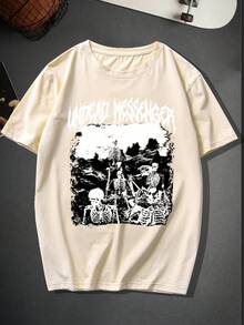 Comfortable Men's T-Shirt With  Skeleton And Letter Print For Halloween, Men's Graphic Tee, Outdoor Summer Clothing, Men's Apparel, Men's T-Shirts. - 白色 - 查看 12