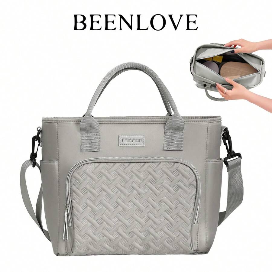 BEENLOVE Portable Insulated Lunch Bag, Large Capacity Food Storage Bag, Reusable Lunch Box, Waterproof And Oil-Proof Tote Bag, Adjustable Shoulder Strap, For Office Work School Picnic Beach, Leakproof Freezable Cooler Bag School Organizer Bags Teacher Storage Bags Classroom Bags Classroom Organizer BagsWomanLunch Box Bag For Women LadiesSchool Supplies Stuff Accessories - 灰色 - 查看 1