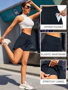Women's High-Rise Workout Shorts - Lightweight Quick-Dry Athletic Shorts With Zip Pocket, Built-In Liner For Running, Yoga, Gym - Black 1 - View 4
