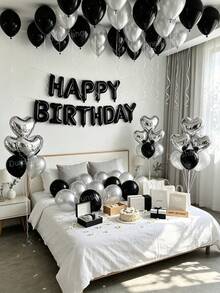 Kit de arco de globos negro y plateado de 11/60/65 piezas con 500 pétalos de rosa blanca, letras de lámina Happy Birthday de 16", globo de lámina en forma de corazón de 18", globos de látex de 10" para fiesta de cumpleaños, aniversario, decoración romántica, sorpresa de hotel y fondo de fotomatón - Negro y plata - Ver 6