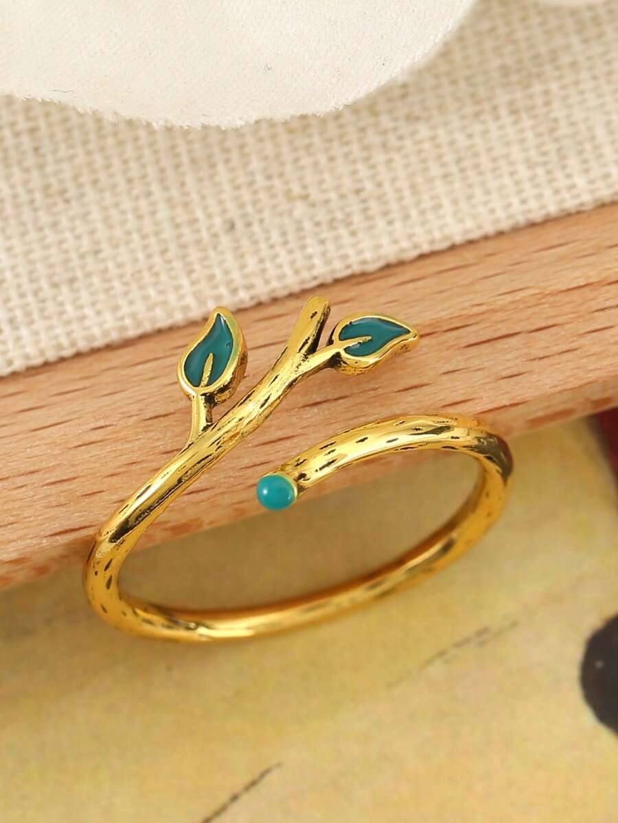 1 pieza Anillo abierto con rama de cobre y hoja esmaltada, anillo apilable ajustable de declaración para mujeres