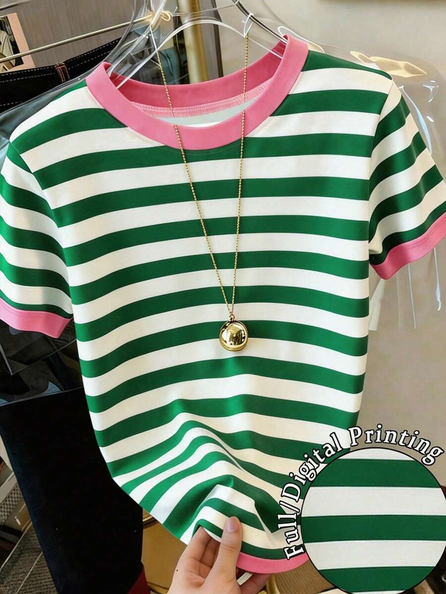 Classic Versatile Apricot & Brown Striped Elegant Summer Outfits For Women, Casual Women's Round Neck Short Sleeve T-Shirt Pink - Pink - View 1