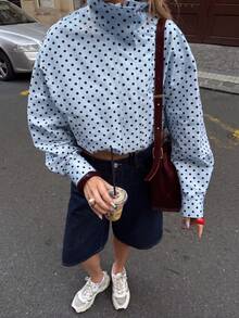Blogger New Autumn Women Polka Dot Print Drawstring Dropped Shoulder Loose Style Jacket - Blue - View 4
