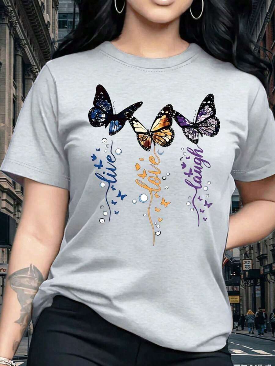 Women's Short Sleeve T-Shirt, Dreamy Colorful Butterfly Pattern Print, Vintage Elegant Exquisite Cute Sexy Sweet Style Round Neck Top, Regular Fit, Women's Gift Birthday Gift, Commuting T-Shirt Party T-Shirt, Soft And Comfortable Fabric - 淺灰色 - 查看 1