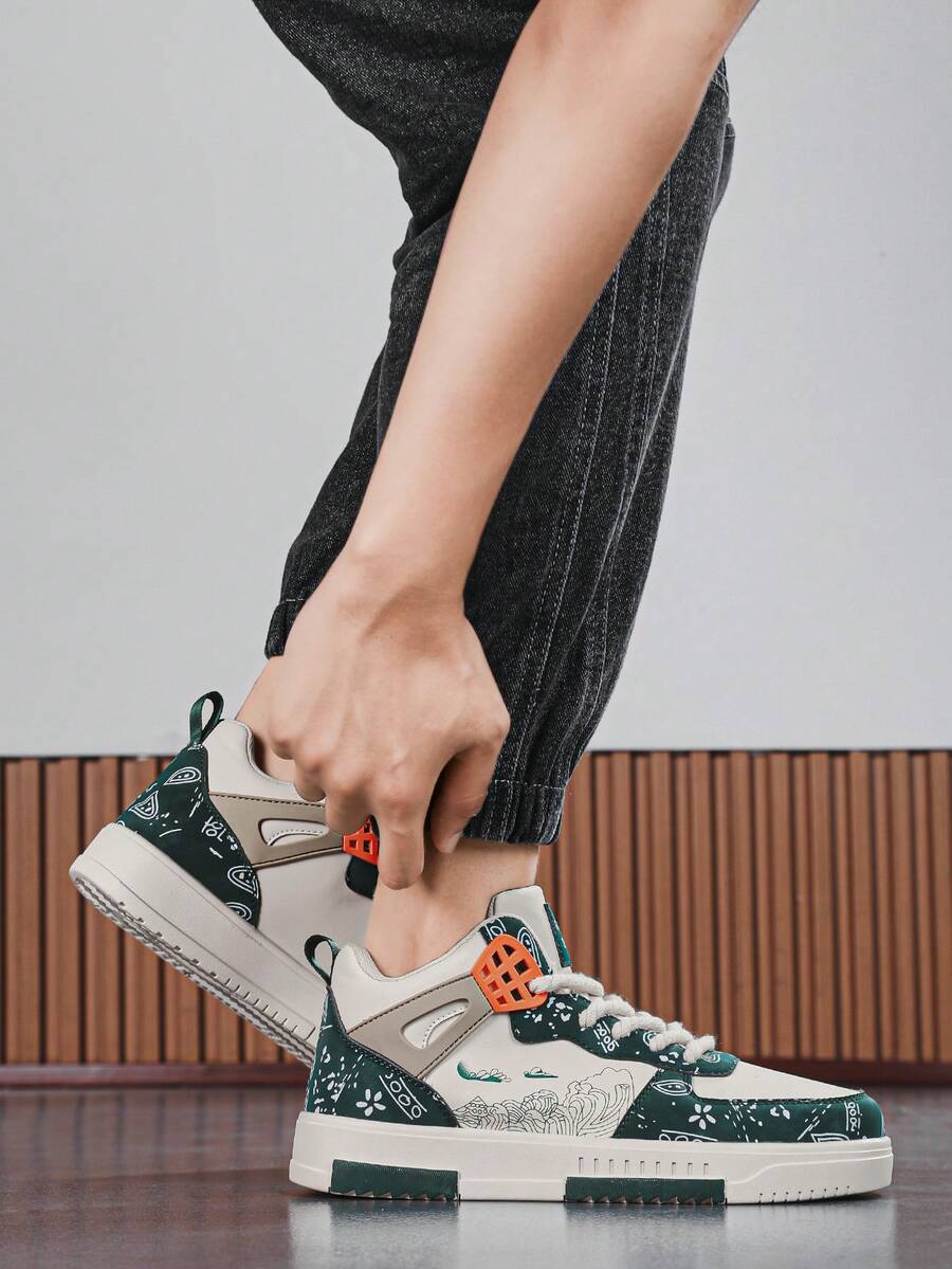 Sepatu Sneakers Pria Klasik Colorblock dengan Motif Acak dan Tali Depan, Sepatu Olahraga Kasual Serbaguna dan Nyaman untuk Semua Musim, Cocok untuk Remaja dalam Perjalanan Sehari-hari.