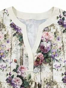 Áo blouse nữ size lớn cổ khía viền bèo họa tiết hoa tay lỡ 3/4 đi du lịch - Nhiều màu - Xem 4