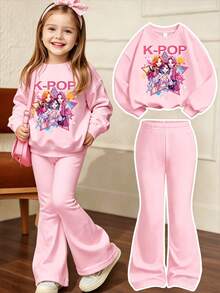 Young Girl Round Neck Cartoon Print Long Sleeve Sweatshirt And Flared Long Pants Casual Daily Set - Pink - View 1