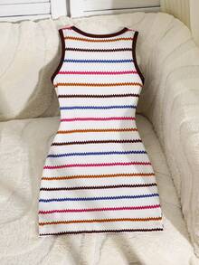 Girls' Sleeveless Fitted Dress, Round Neck With Multicolor Stripes, Suitable For Streetwear, Vacation Wear, Summer New Casual Young Girl' Dress - White - View 3