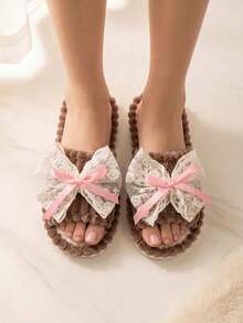Pantuflas de mujer de punta abierta, pantuflas cómodas para interiores y silenciosas, de tela de pana con diseño de lazo de encaje, adecuadas para dormitorio, sala de estar, dormitorio - Caqui - Ver 5