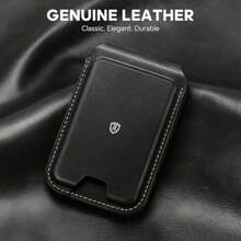 SHIELDON Cartera de Cuero Genuino, Tarjetero Magnético, Tarjetero para Magnetico, Soporte Ajustable Bloqueo RFID Leather Wallet Card Holder Compatible con iPhone Serie 16/15/14/13/12, Negro - Blanco - Ver 3