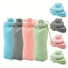 1pc 600ml Silicone Folding Bottle Adult Portable Reusable Plastic Cups Outdoor Travel Gym Water Bottle Motivational Drinking Bottle - Màu xanh lam - Xem 2