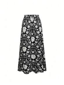 Women's Casual Allover Print Front Button Skirt Vacation - Black - View 3