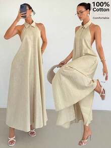 Vestido camisero de mujer de unicolor, holgado, sin mangas, con hombro asimétrico, con botones delanteros, vestido casual, adecuado para vacaciones - Albaricoque - Ver 3
