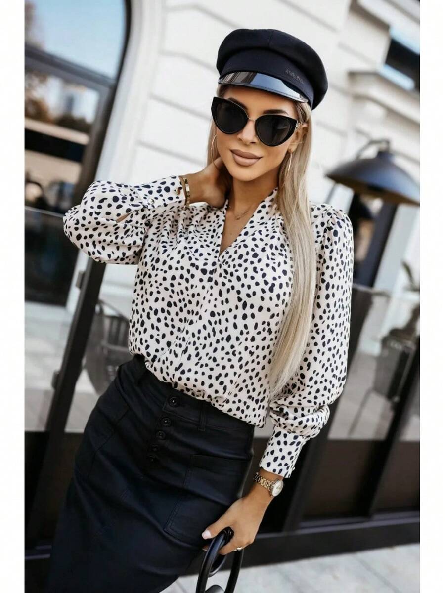 Women's Long-Sleeved Polka Dot Blouse With V-Neck And Puff Sleeves, Loose-Fitting Casual Top - 白色 - 查看 1