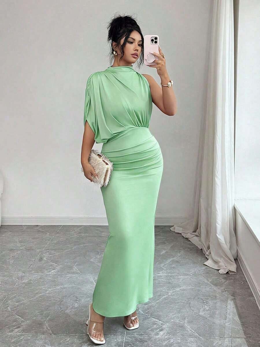 Vestido ajustado y acampanado sin mangas con cuello fruncido en color borgoña, para primavera/verano - Verde - Ver 1
