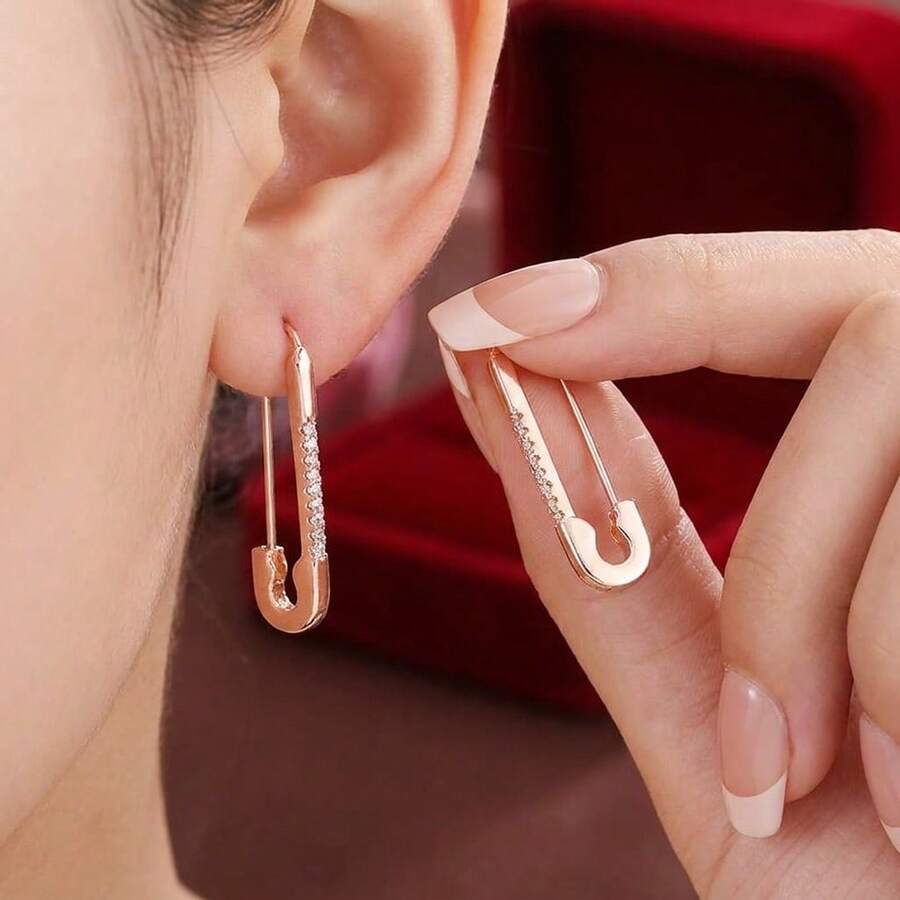 1 Pair Safety Pin Design Cubic Zirconia Stud Earrings, Gift Earrings For Women - Multicolor - View 1