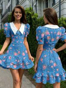 Spring/Summer Casual Style Dress With Collar, Front Buttons, Tie Back And Tie-Dye Print, For Everyday Wear, Western Style, Bohemian, Music Festivals, Vacation, Fairycore Style, Elegant For Women - 淡黃色 - 查看 2