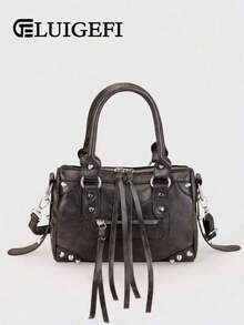 1pc Vintage Distressed Black Patchwork Rivet Studded Metal Tassel Zipper Decor Retro PU Material Belt Decor Rivet Studded Dual Top Handle Adjustable Shoulder Strap Zipper Closure Fashion Retro Sweet Chic Motorcycle Bag Y2K Punk Style Square Handbag For Women, Casual Low-Key Luxury Style Women Crossbody Bag Fits Phone, Card Holder, Suitable For Daily, Travel, Shopping , Punk - 淺藍色 - 查看 1