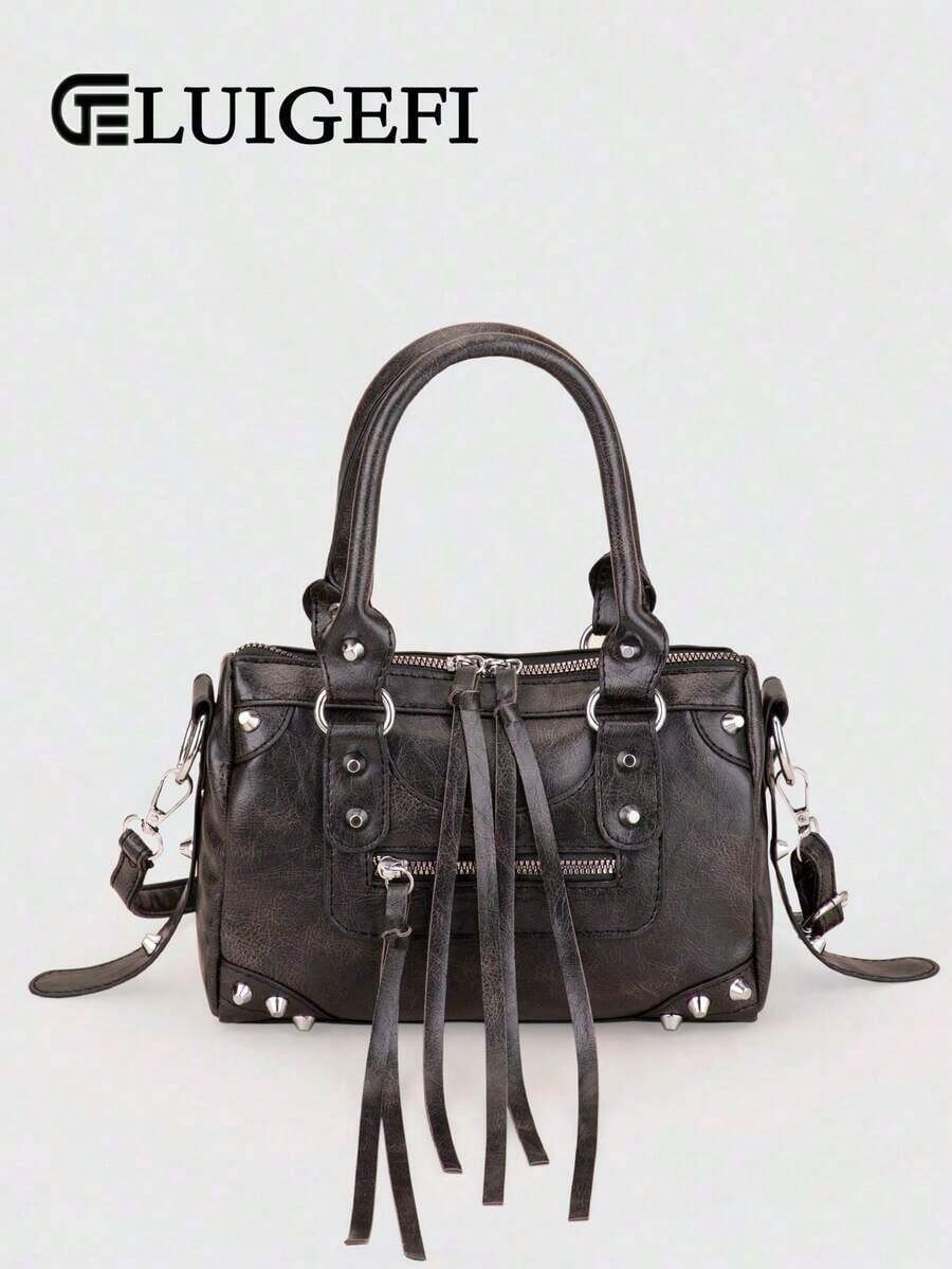 1pc Vintage Distressed Black Patchwork Rivet Studded Metal Tassel Zipper Decor Retro PU Material Belt Decor Rivet Studded Dual Top Handle Adjustable Shoulder Strap Zipper Closure Fashion Retro Sweet Chic Motorcycle Bag Y2K Punk Style Square Handbag For Women, Casual Low-Key Luxury Style Women Crossbody Bag Fits Phone, Card Holder, Suitable For Daily, Travel, Shopping , Punk - 淺藍色 - 查看 1