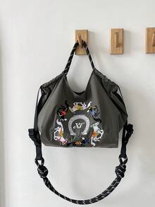 1pc Equestrian Embroidery + Knotted Strap Design Lightweight Nylon Tote Bag, Spacious, Versatile, Detachable Strap, Suitable For All Seasons - Multicolor - View 8