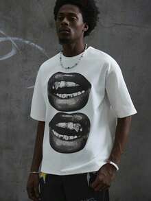 Manfinity  Camiseta de estilo callejero blanca de manga corta para hombre con estampado de boca en blanco y negro, adecuada para el verano, divertida, para salir - Blanco - Ver 7