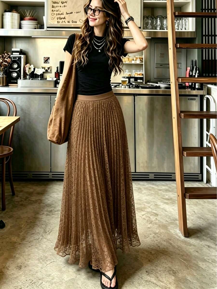 Women's Solid Color Sheer Lace Fabric Patchwork Mid-High Waist Pleated Skirt, French Elegant Vintage Formal Office Commute Casual Beach Summer Brown - Brown - View 1